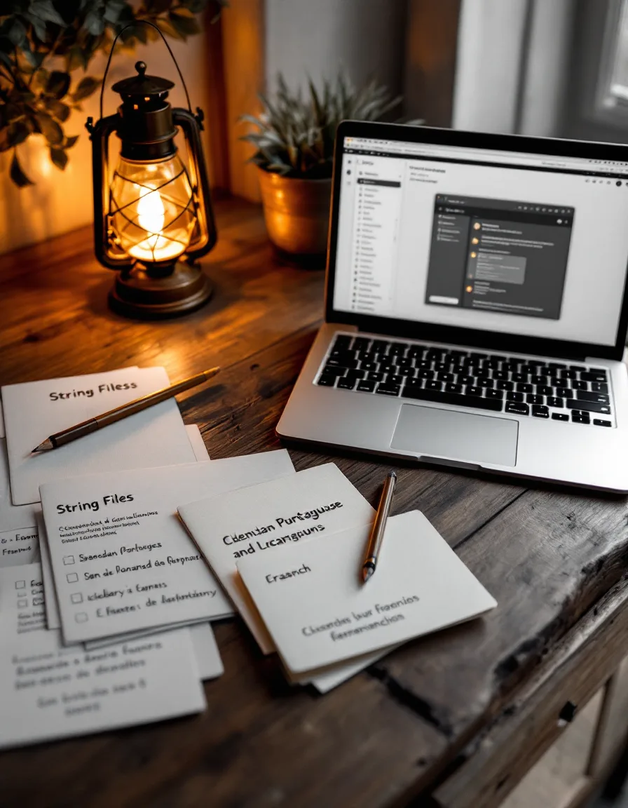 A lit lantern on a studio desk beside a laptop and marked-up printed string files