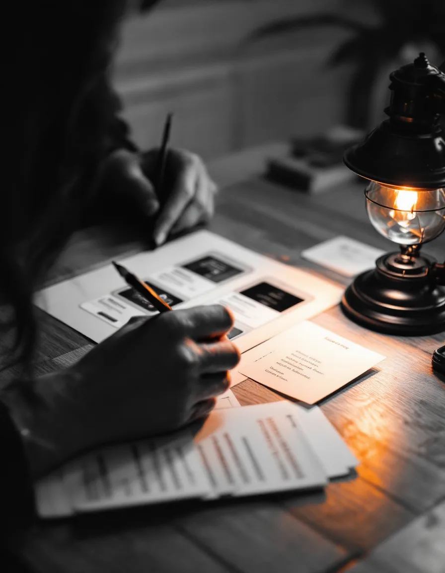 Hands marking up a printed app screen with a pencil beside glossary cards under a lantern